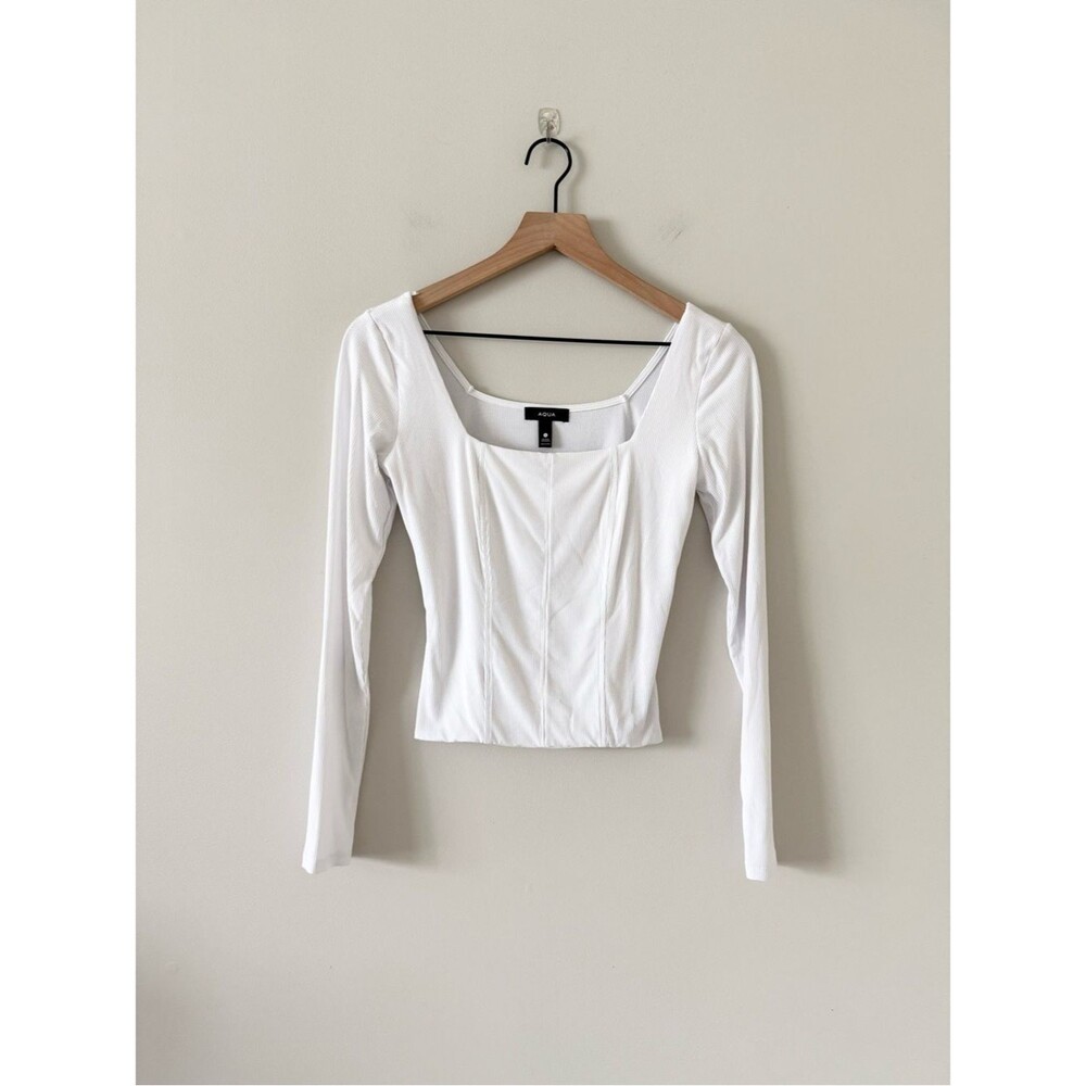 Aqua White Ribbed Long-Sleeve Square Neck Top Size S